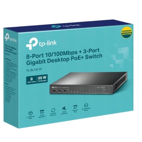 TP-Link TL-SL1311P 8-Port 10/100Mbps + 3-Port Gigabit Desktop Switch with 8-Port PoE+, Extend Mode for 250m PoE Transmitting, Isolation Mode, PoE Aut TL-SL1311P