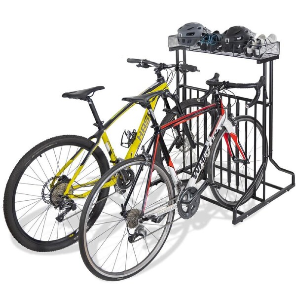 CyclingDeal 3 to 5 Bike Floor Parking Rack with Storage Basket - for Storing 20"-29" MTB Road Hybrid Kids Bikes - Bicycle Storage in Garage at Home