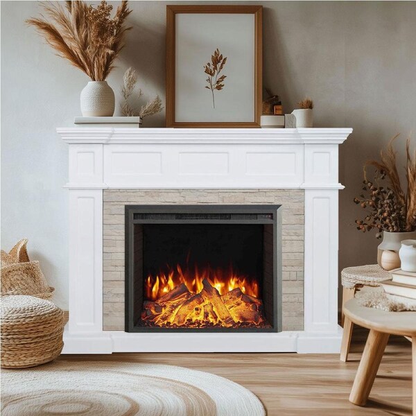 Hudson 2000W Electric Fireplace Heater Stone Veneer Mantel Suite With 30" Starlight Insert