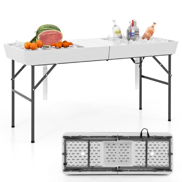 Costway Foldable Ice Table Chilling Table Portable Patio Ice Cooler Table w/Table Skirt & Drain Hose White