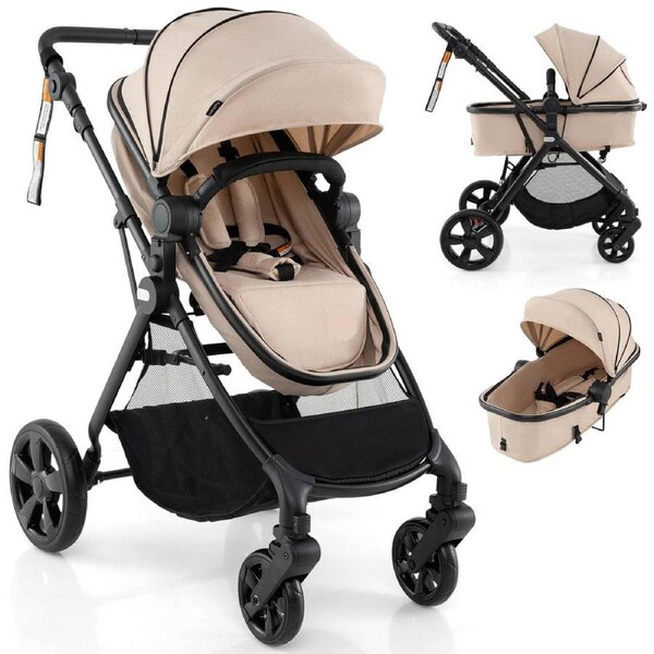 Costway 2 in 1 Convertible Pram Portable Folding Stroller Lightweight Stroller w/Storage Bag Beige