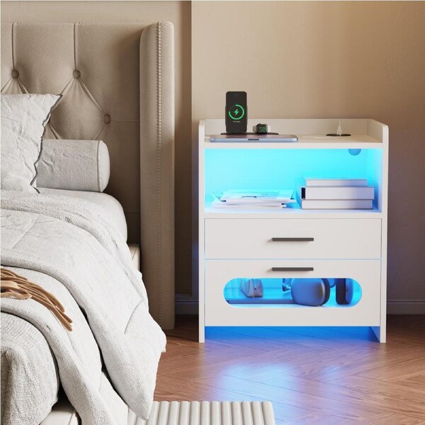 Advwin Bedside Table RGB LED 2 Drawers Nightstand with Wireless Charging Station and USB port White