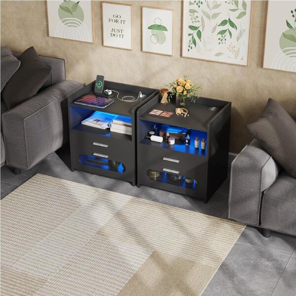 Advwin Set of 2 Bedside Table RGB LED 2 Drawers Nightstand Side Table with Wireless Charging Station and USB port Black