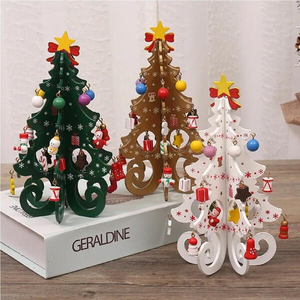 3Pcs Christmas Tree Handmade DIY Stereo Wooden Xmas Tree Decorations