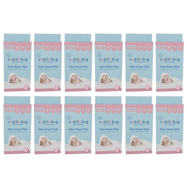 12x 100pc Cuddle Bug Disposable Portable Nappy Durable Bags w/ Easy Tie Handles