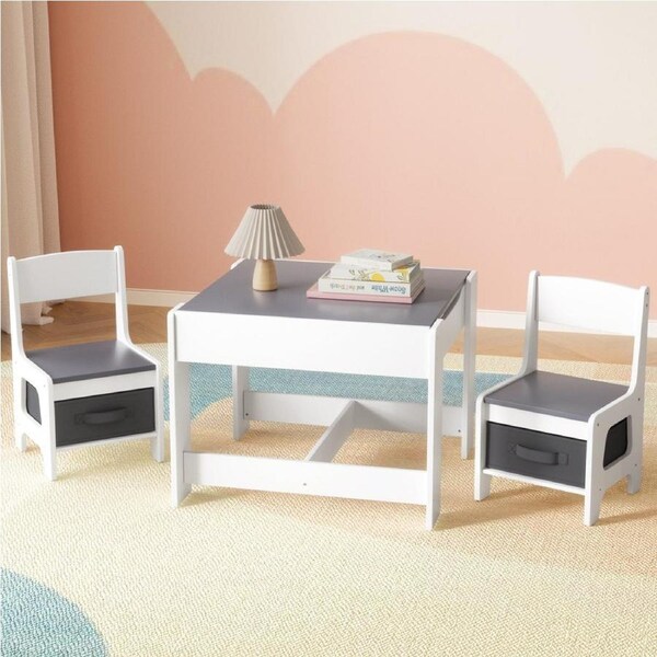 1 Keezi Kids Table and 2 Chairs Set Grey White