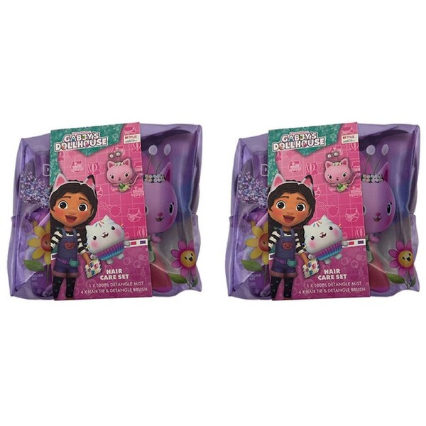 2x 6pc Gabbys Dollhouse Childrenss Detangling Mist/Brush & Ties Hair Care Set 6+