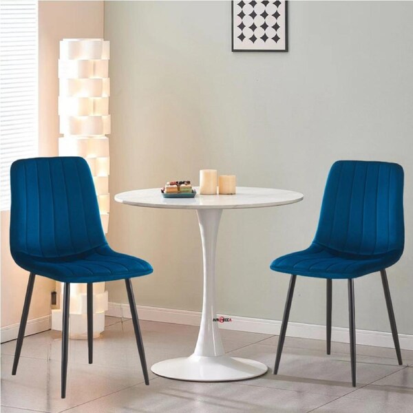 BRIBRION 2x Blue Upholstered Velvet Dining Table and Chair Set Black Metal Legs For Living Dinning room Cafe Office Kitchen Fabric
