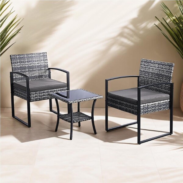 Groverdi 3 PCS Outdoor Dining Set Wicker Patio Dining Chair Table With Soft Cushion for Deck, Grey