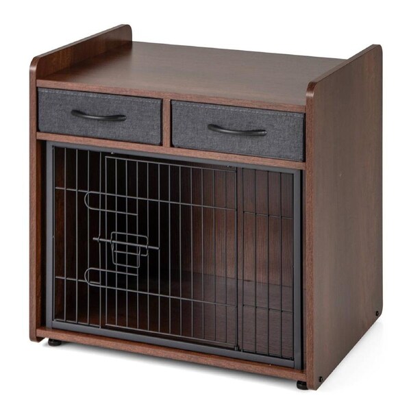 Costway Dog Crate Furniture Indoor Dog Cage Industrial Doge Kennel w/2 Fabric Drawers & Lockable Door Brown