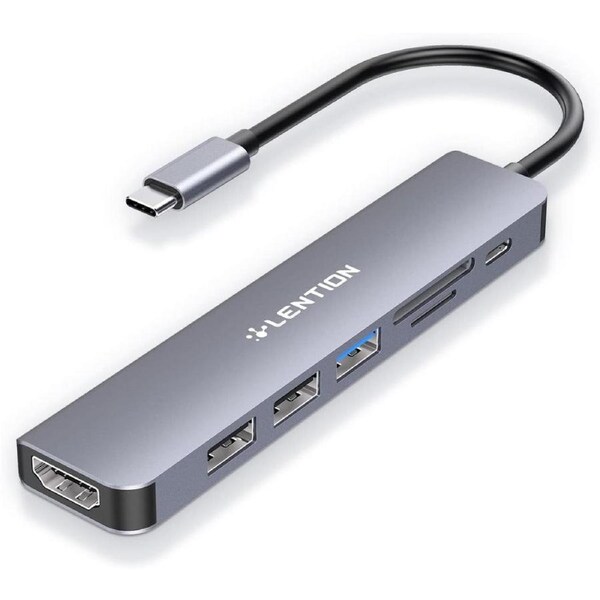 LENTION 7 in 1 USB C Hub with 100W Charging, 4K HDMI, Dual Card Reader, USB 3.0 & 2.0 Compatible iPhone 15 Series, MacBook Pro, New Mac Air/Surface, Chromebook, More(CB-CE18, Space Gray)