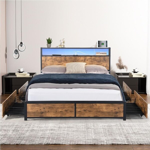 1 x Levede Bed Frame Double Industrial LED 4 Drawers USB Charge