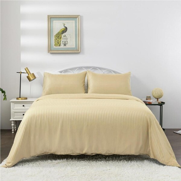 LINENOVA Striped Quilt Cover Set 1800TC Soft Brushed Microfiber Cozy Soft Cover Set Beige / Queen