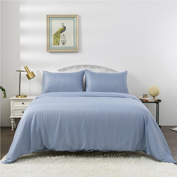 LINENOVA Striped Quilt Cover Set 1800TC Soft Brushed Microfiber Cozy Soft Cover Set Light Blue / Single