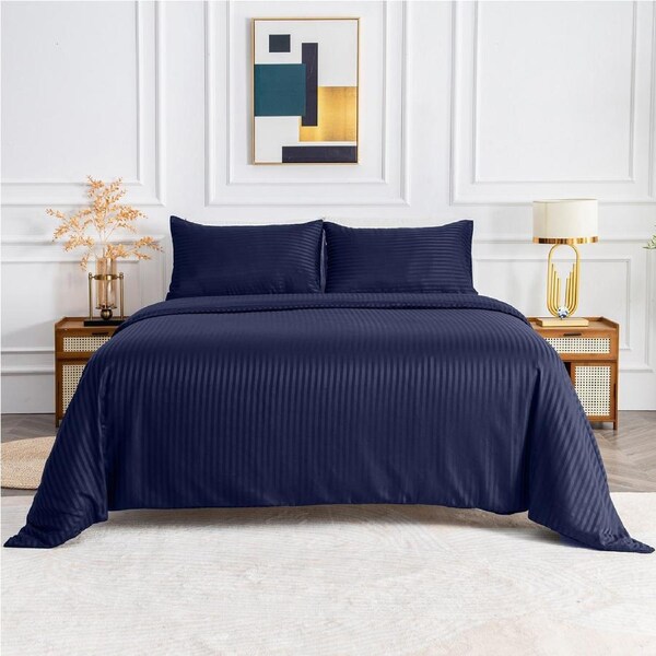 LINENOVA Striped Quilt Cover Set 1800TC Soft Brushed Microfiber Cozy Soft Cover Set Navy / Super King