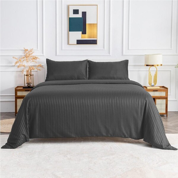 LINENOVA Striped Quilt Cover Set 1800TC Soft Brushed Microfiber Cozy Soft Cover Set Deep Grey / Single