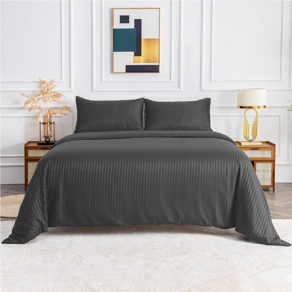 LINENOVA Striped Quilt Cover Set 1800TC Soft Brushed Microfiber Cozy Soft Cover Set Deep Grey / Queen