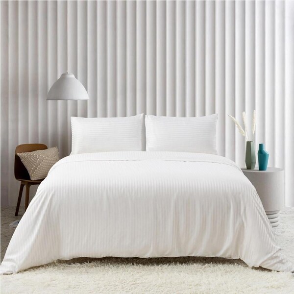 LINENOVA Striped Quilt Cover Set 1800TC Soft Brushed Microfiber Cozy Soft Cover Set White / Double