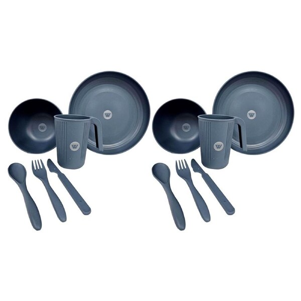 2x 6pc Wildtrak Wheat Straw Camp Dinner Cup Bowl Plte Knfe Fork In Net Camping