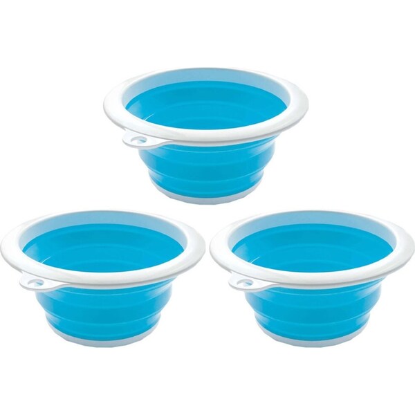 3x Roger Armstrong Round Folding Silicone & Plastic Collapsible Bucket 6L Blue