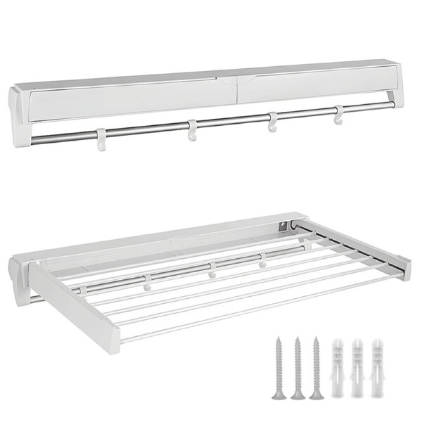 Alston Wall Mounted Drying Rack Clothes Airer Folding Dryer Bearing Capacity 12KG Foldable Rail With Hooks Indoor Outdoor Balcony Laundry White