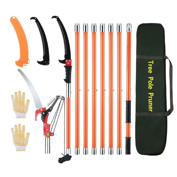 Manual Pole Saw Tree Pruner Extendable Branch Pruning Trimmer Trimming Cutter with 8 Fibreglass Rods Sharp Steel Blades Scissors