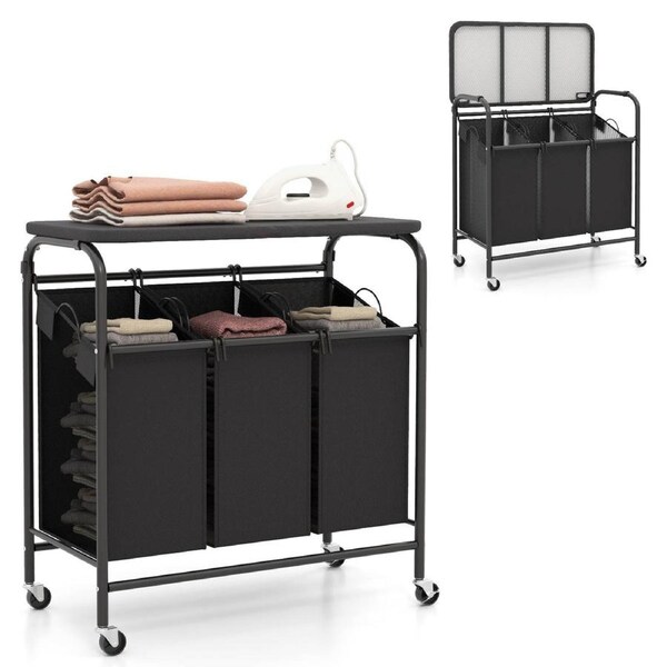 Costway 3-Bag Laundry Sorter Cart Heavy Duty Laundry Hamper w/Foldable Ironing Board Grey
