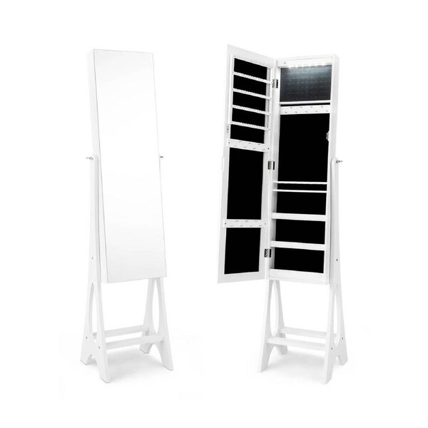 Costway 155CM Freestanding Jewelery Cabinet Bedroom Furniture w/Full Length Mirror&Built-in Lights White