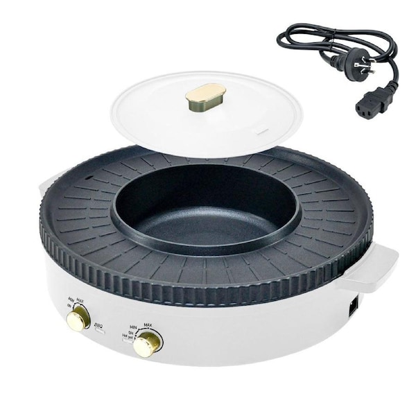 2 in 1 Electric Hot Pot White with Grill Barbeque Cooker with Temperature Control Multi-function Smokeless Shabu Korean BBQ Pan for Simmer Boil Fry Roast 2200W
