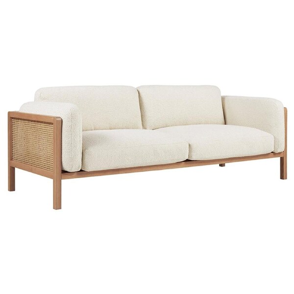 Killara Indoor Cream Boucle Couch Fabric and Timber 3 Seat Rattan Lounge Sofa - Fabric Lounges