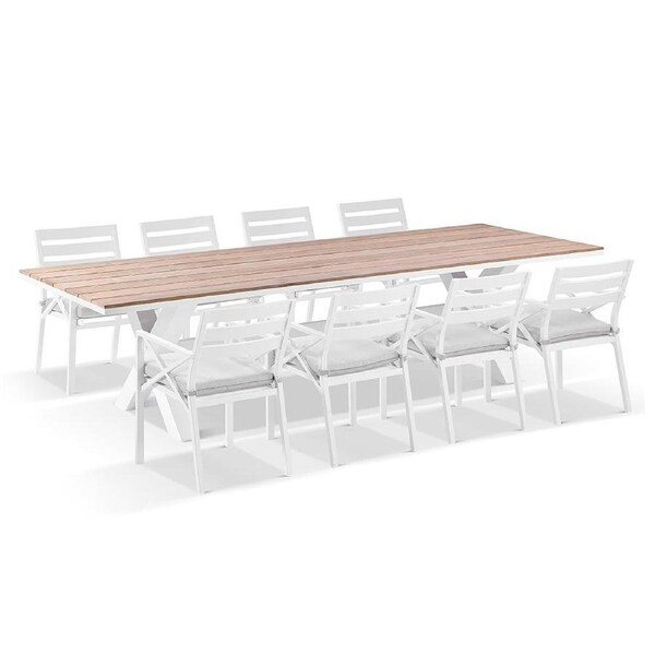 Kansas 3m Outdoor Teak Timber and Aluminium Dining Table with 10 Chairs - Outdoor Aluminium Dining Settings