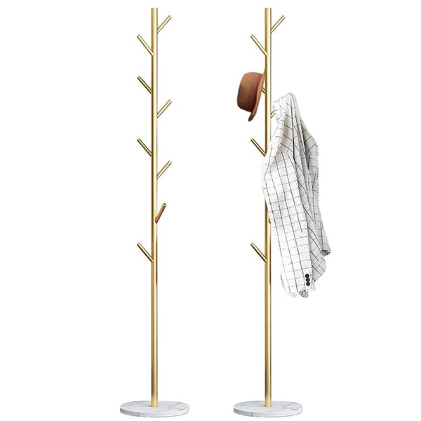 Coat Rack Steel Clothes Stand Tree Hanger Hat Garment Hook Organizer Marble Base-Gold