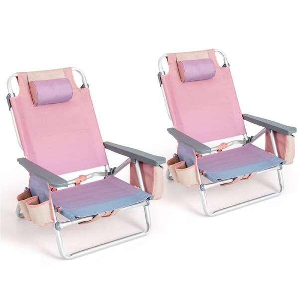 Costway 2-Pack Folding Backpack Beach Chair Portable Camping Stool w/Cup Holder Storage Pocket 5-Position Outdoor Reclining Chair