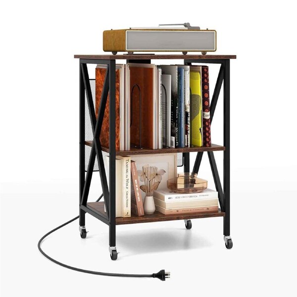 Costway Elevated Record Cabinet X-frame Metal Rolling Record Player Stand 3-Tier Shelf Storage Side End Table w/Lockable Caster Brown