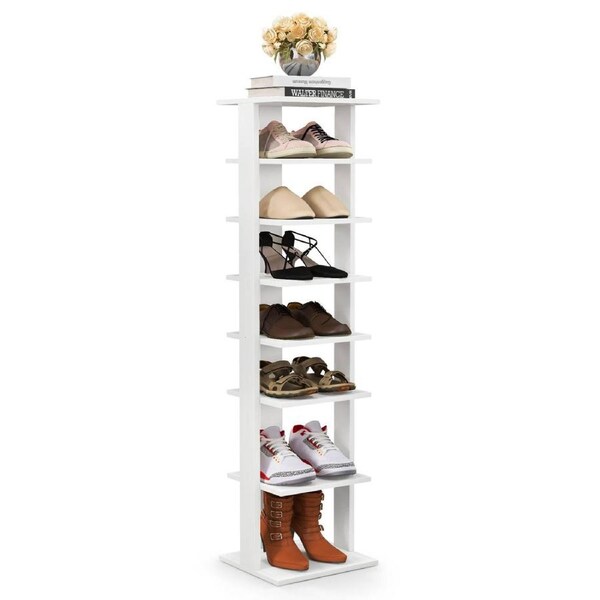 Costway 116cm 8-Tier Single Shoe Rack Anti-toppling Narrow Shoe Storage Organizer w/Removable Shelf for Boots Narrow Corner Entryway Space Saver White