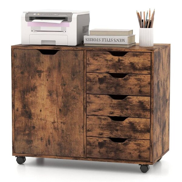 Costway 5 Drawer Mobile Filing Cabinet Storage Organizer Nightstand w/Door Shelf Office Entryway Table Rustic Brown
