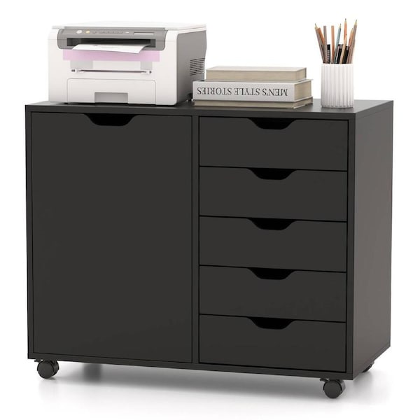 Costway 5 Drawer Mobile Filing Cabinet Storage Organizer w/Door & Shelf Office Printer Stand Side Entryway Table Black
