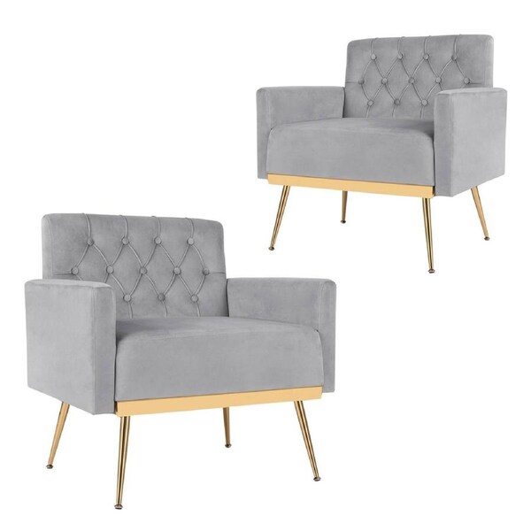 Costway Modern Accent Armchair Velvet Sofa Chair w/Button Tufted Back & Golden Metal Legs Grey