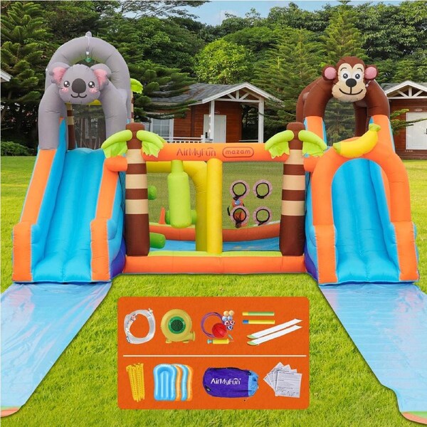 370X409CM AirMyFun Inflatable Castle 12 Play Zones Dual 5M Water Slide Animal Theme