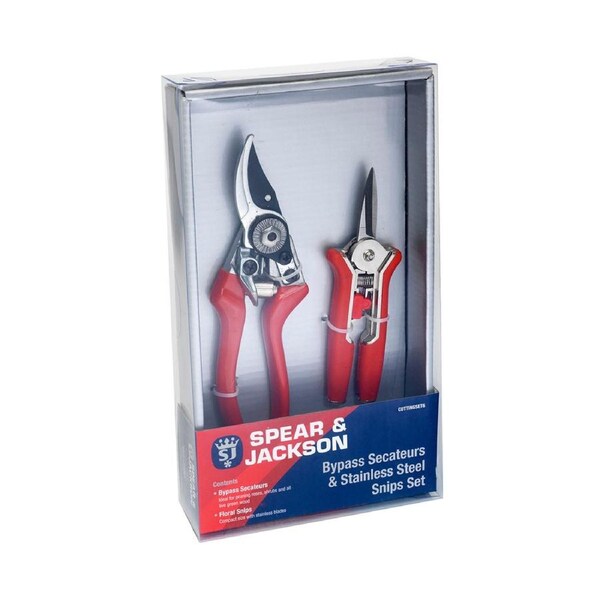 2pc Spear & Jackson Forged Bypass Secateur & S/S Mini Snips Garden Tool Set Red