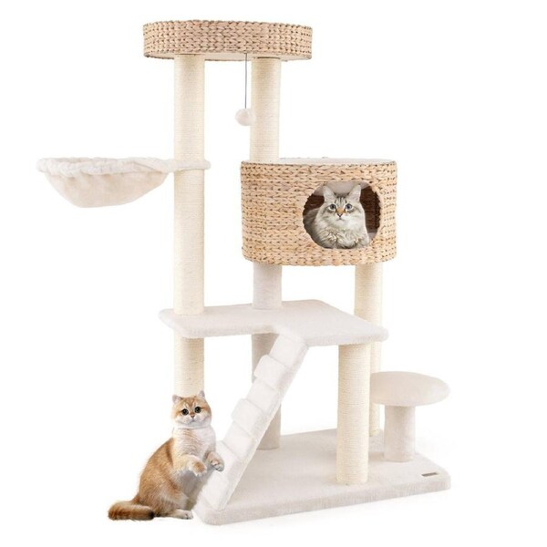 Costway Indoor Cat Tree Multi-level Kitty Activity Center Modern Cat Tower w/Cattail Fluff Condo & Top Perch Natural