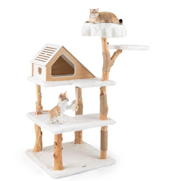 Costway 150cm Tall Solid Wood Cat Tree Modern Wooden Cat Tower 5-Layer Activity Center White