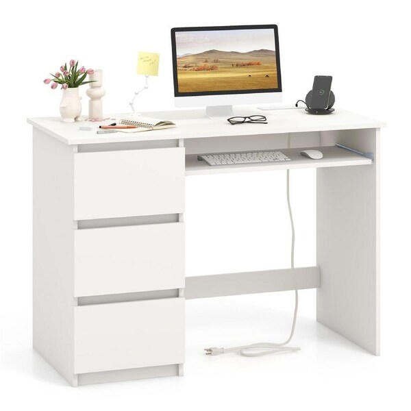 Costway Computer Desk w/ Power Outlet Ketboard Tray & Drawers Workstation Home Office White