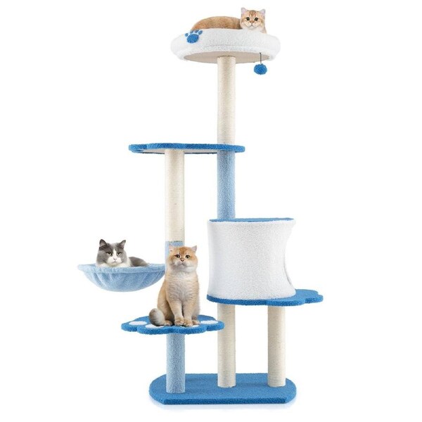 Costway 137cm Tall Modern Cat Tree Tower Cat Climbing Stand 6-Tier Cat Furniture Blue