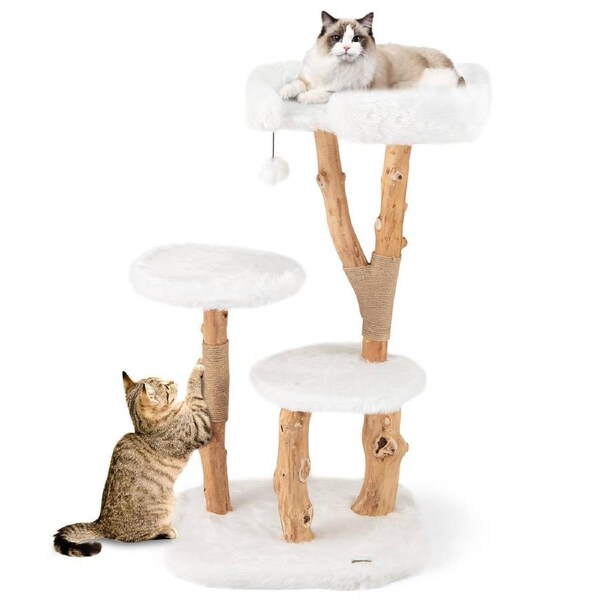 Costway 110cm Tall Luxury Cat Condo Solid Wood Cat Tree Modern Wooden Cat Tower White