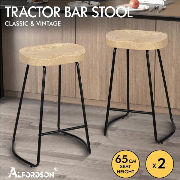 ALFORDSON Tractor Bar Stools Kitchen Wooden Vintage Retro Industrial Chairs Natural x 2