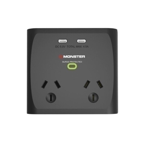 Monster Dual Socket Surge Protector with Dual USB-C Ports - Black