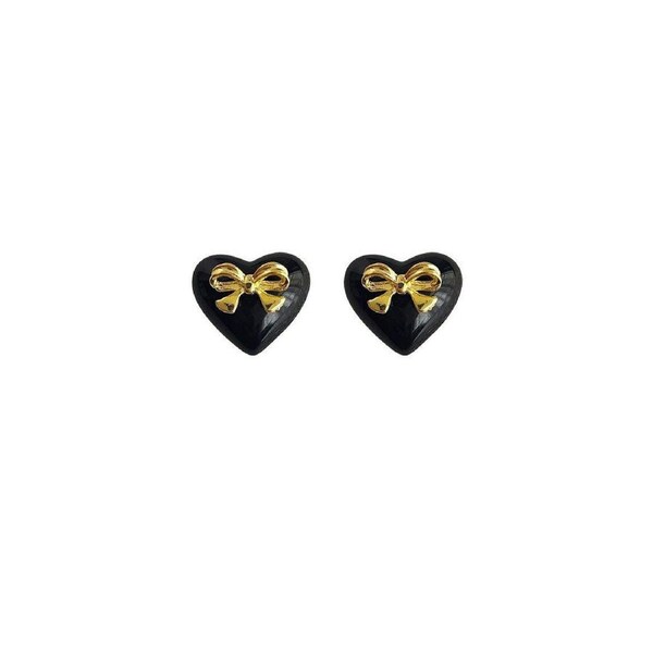 Elegant Black Heart Earrings with Golden Bow for Girls Sweet Fashion Jewelry