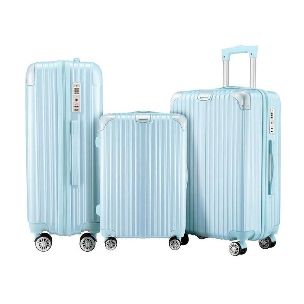 Carry On Luggage Set 3 Piece Traveller Suitcases Hard Shell Case Cabin Checked Bag Lightweight Trolley TSA Lock Cover 6 Packing Cubes Pale Blue