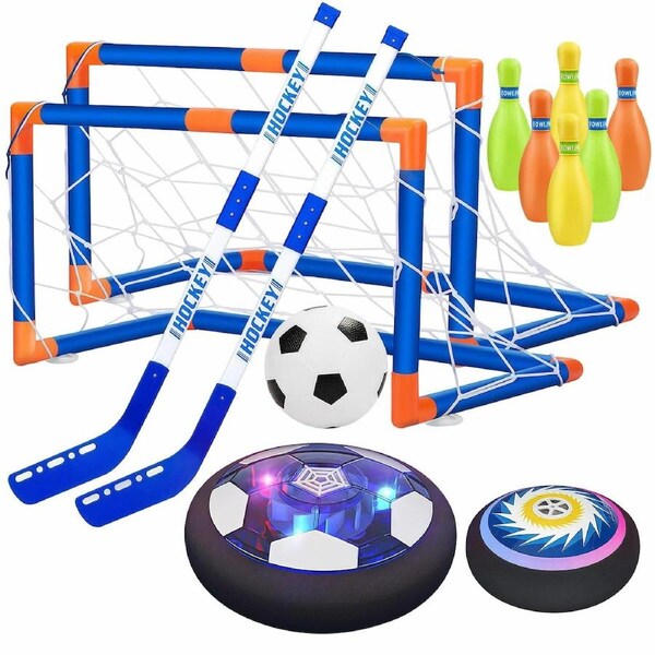 Hover Hockey Soccer Goals Bowling Playset Toys Kids Football Net Backyard Sports Game Practice Training Activity Centre Play Ground with Led Lights